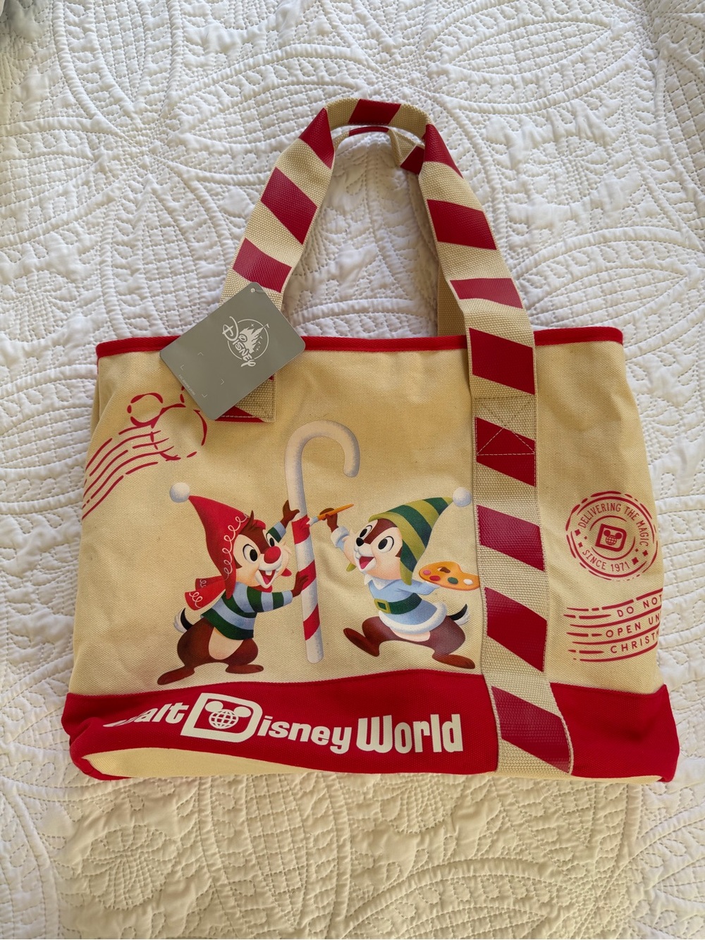 Disney Canvas Tote Bag - Red & Cream with Chip 'n' Dale Holiday Print